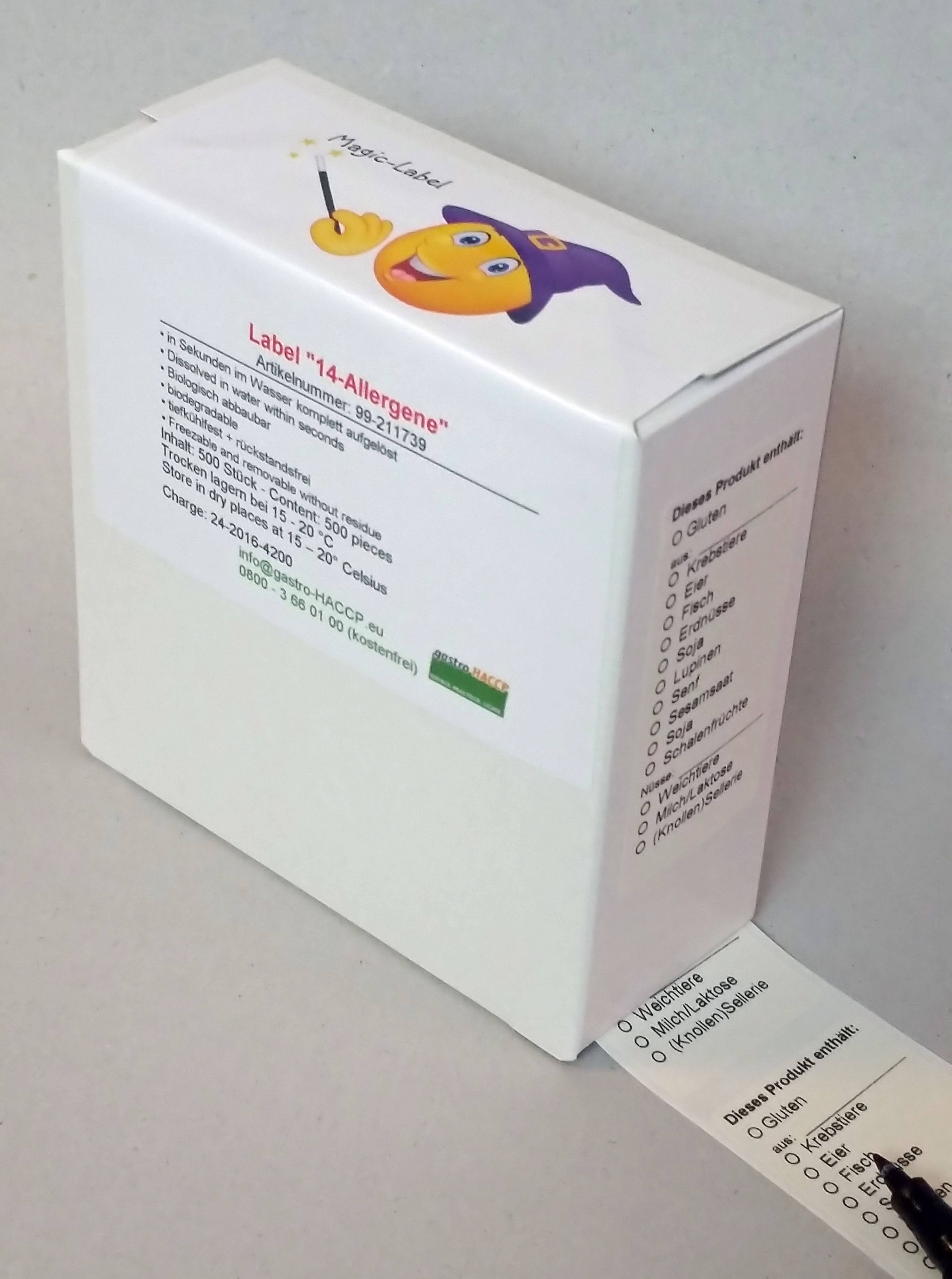 praktischer Spender für hygienische Aufbewahrung der Allergene Etiketten in Magic-Label-Qualität